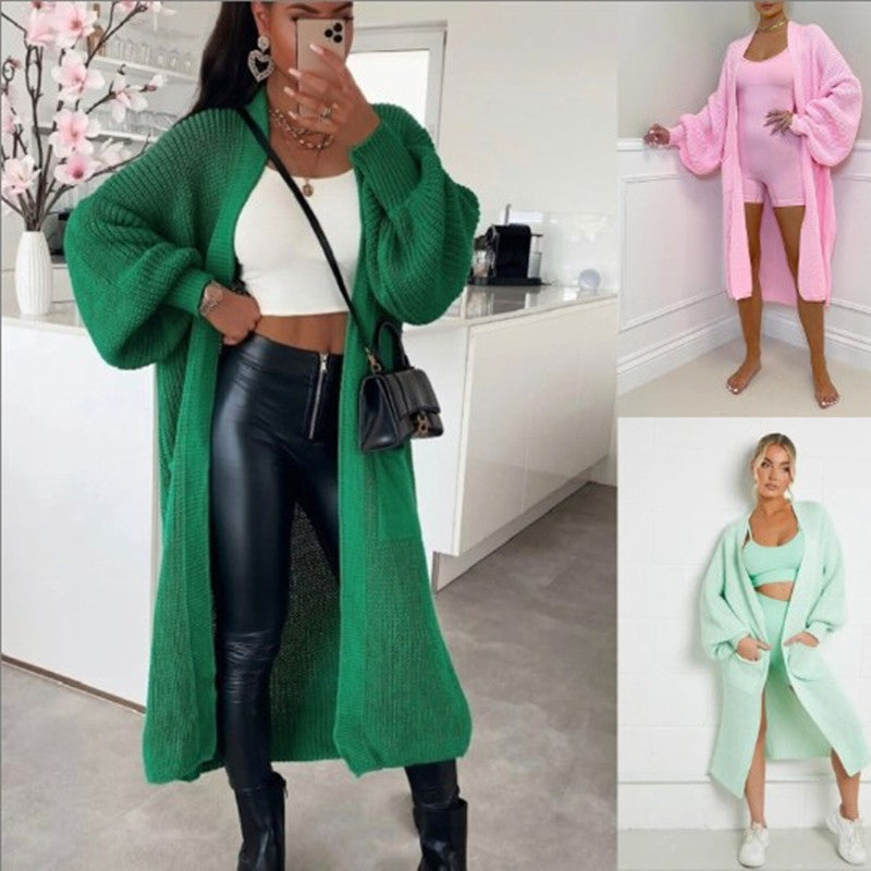 Damen Langer Strickmantel mit großzügigen Taschen