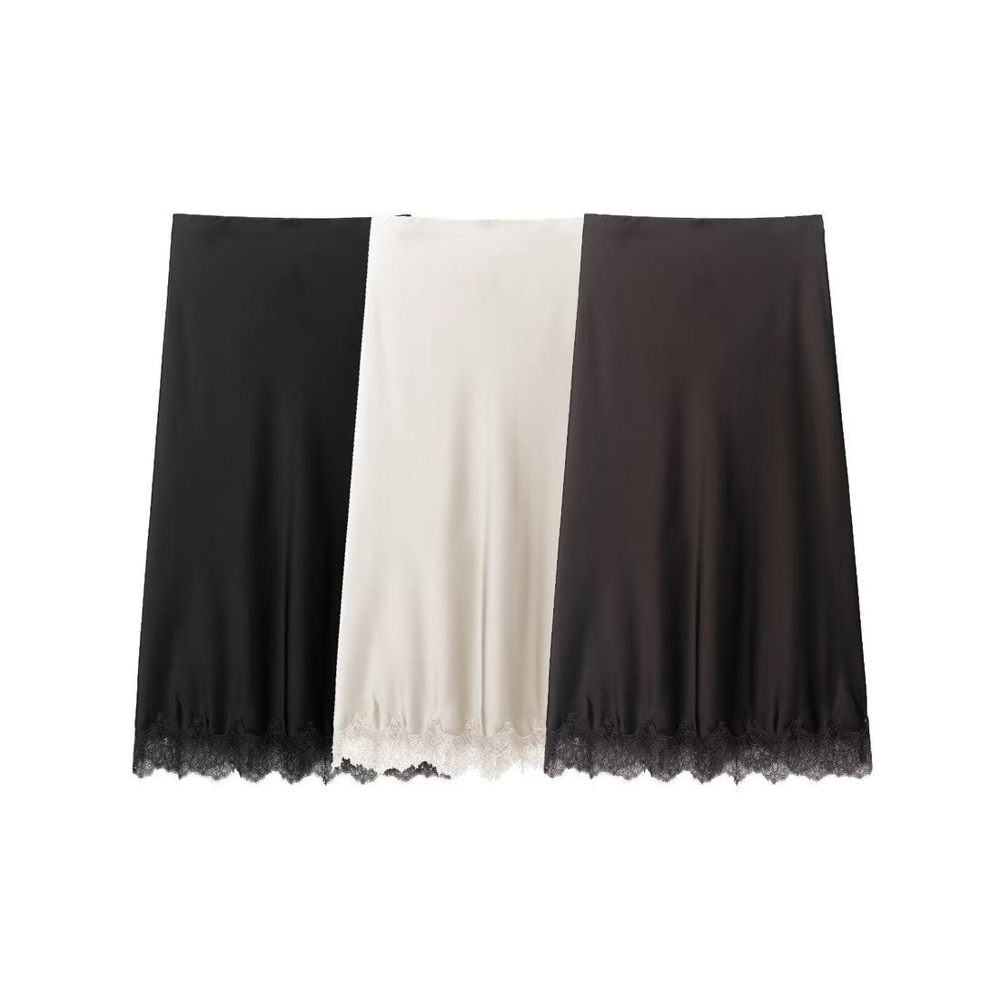 Damen Langer Satinrock mit feiner Spitze am Saum und leichter A-Linien-Silhouette Nord Taschen