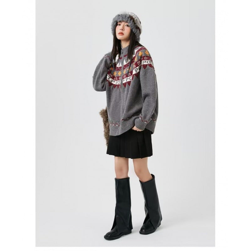 Damen Lässige Strick-Zipjacke mit Jacquard-Yoke und Rippbündchen Nord Taschen