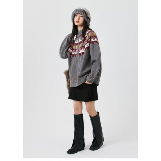 Damen Lässige Strick-Zipjacke mit Jacquard-Yoke und Rippbündchen Nord Taschen