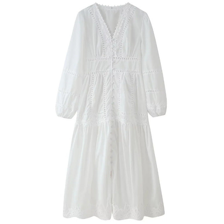 Damen 80+ Maxikleid mit V‑Ausschnitt, Spitzenbesatz, Knopfleiste und Ballonärmeln Nord Taschen