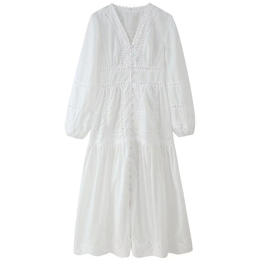 Damen 80+ Maxikleid mit V‑Ausschnitt, Spitzenbesatz, Knopfleiste und Ballonärmeln Nord Taschen
