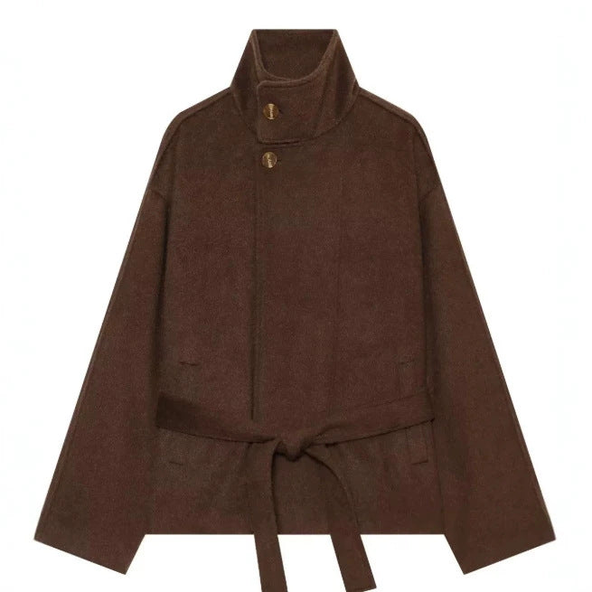 Damen Kurzer Wollmix‑Capecoat mit hohem Stehkragen, verdeckter Knopfleiste und Taillenbindegürtel Nord Taschen