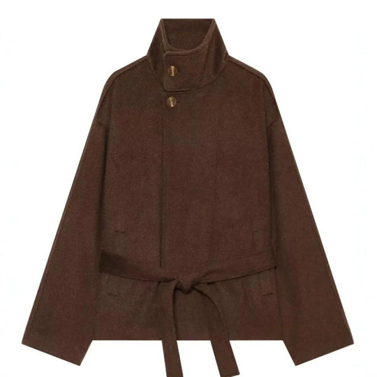 Damen Kurzer Wollmix‑Capecoat mit hohem Stehkragen, verdeckter Knopfleiste und Taillenbindegürtel Nord Taschen