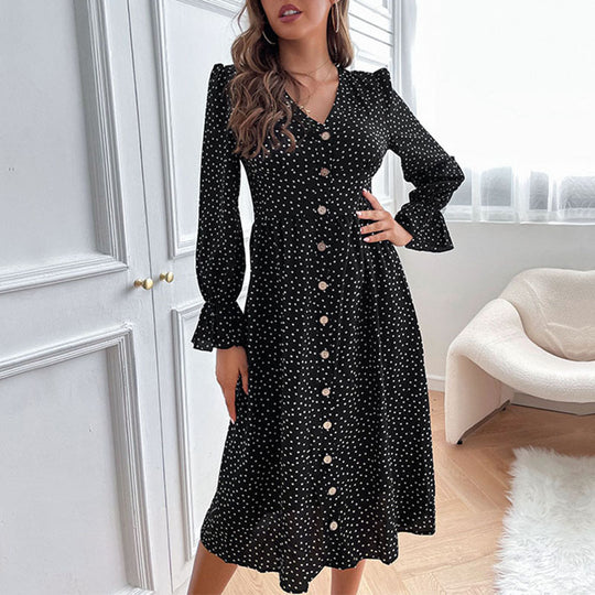 Damen Elegantes Polka-Dots Kleid mit Knopfdetails Nord Taschen
