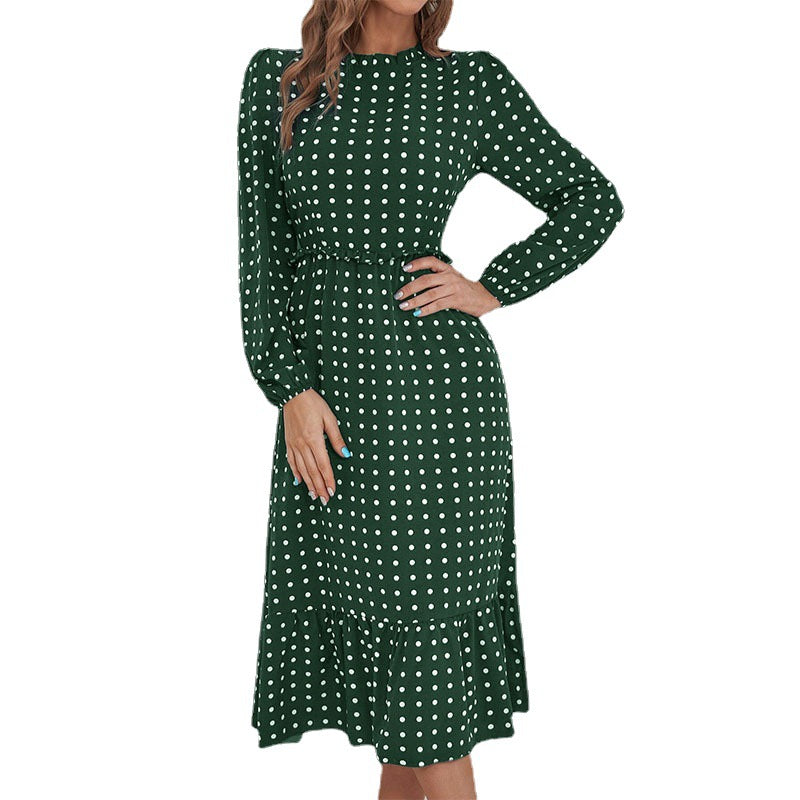 Damen Midikleid im Retro-Polka-Dot-Stil mit Stehkragen, taillierter Raffung und Volant Nord Taschen