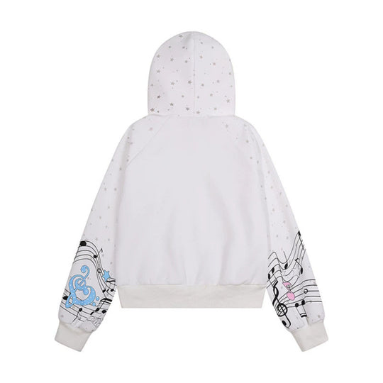 Damen Kapuzen-Sweatjacke mit Front-Reißverschluss, musikalischem Print und Sternchen-Design Nord Taschen