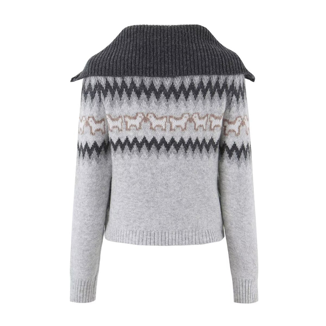 Damen Gestrickte Zip-Cardigan mit Norwegermuster und extra breitem Umlegekragen Nord Taschen