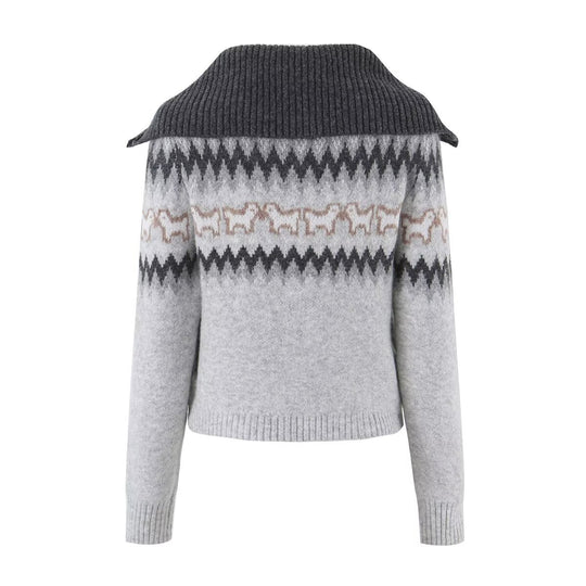 Damen Gestrickte Zip-Cardigan mit Norwegermuster und extra breitem Umlegekragen Nord Taschen