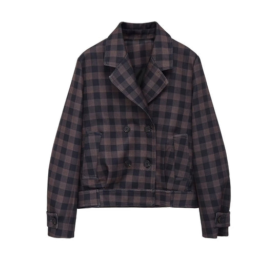 Damen Kurze Doppelreiher-Jacke im Karo-Design mit Reverskragen und Taillenbund Nord Taschen