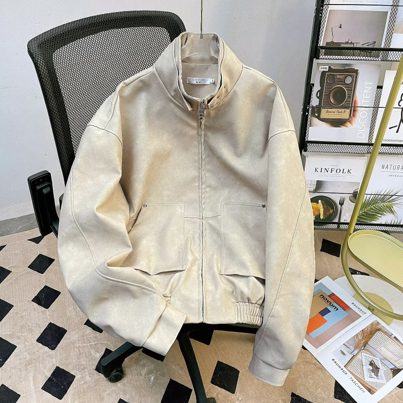 Herren kurze Stehkragenjacke aus Veloursleder-Imitat mit durchgehendem Reißverschluss Nord Taschen