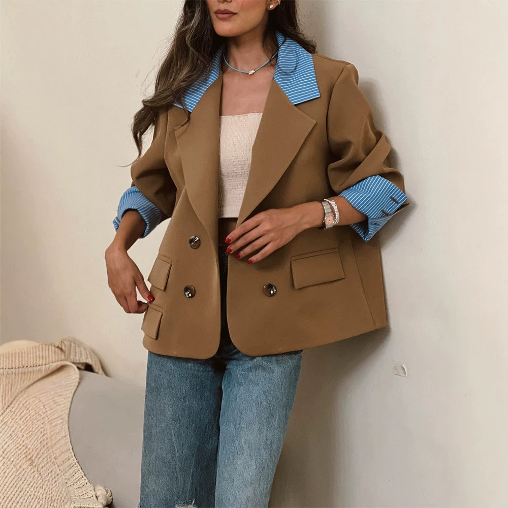 Damen Oversize-doppelreihiger Blazer mit kontrastkragen & aufschlagärmeln Nord Taschen
