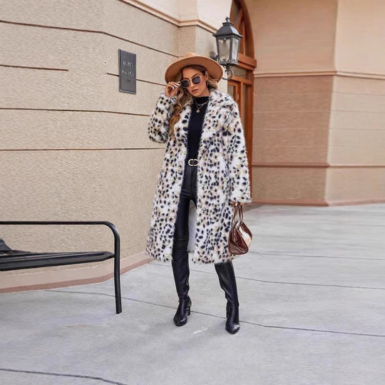 Damen Midi-Kunstpelzmantel mit Leopardenprint, tailliertem Bindegürtel und Schalkragen Nord Taschen