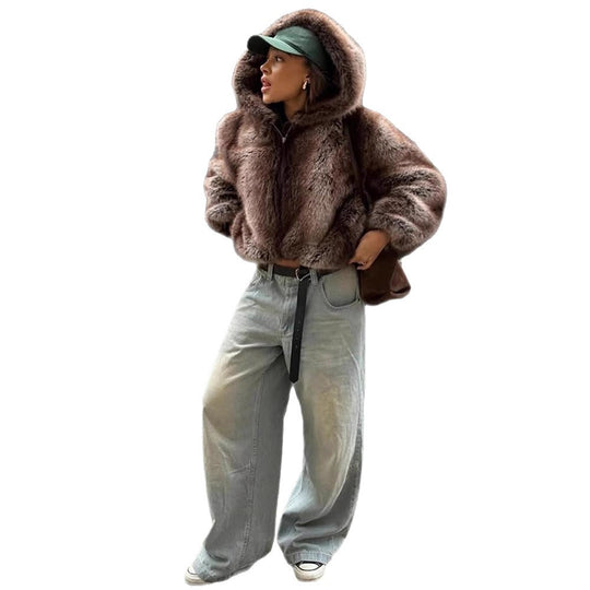 Damen Boxy-Kunstfell-Hoodie mit voluminöser Kapuze und lockerer Silhouette Nord Taschen