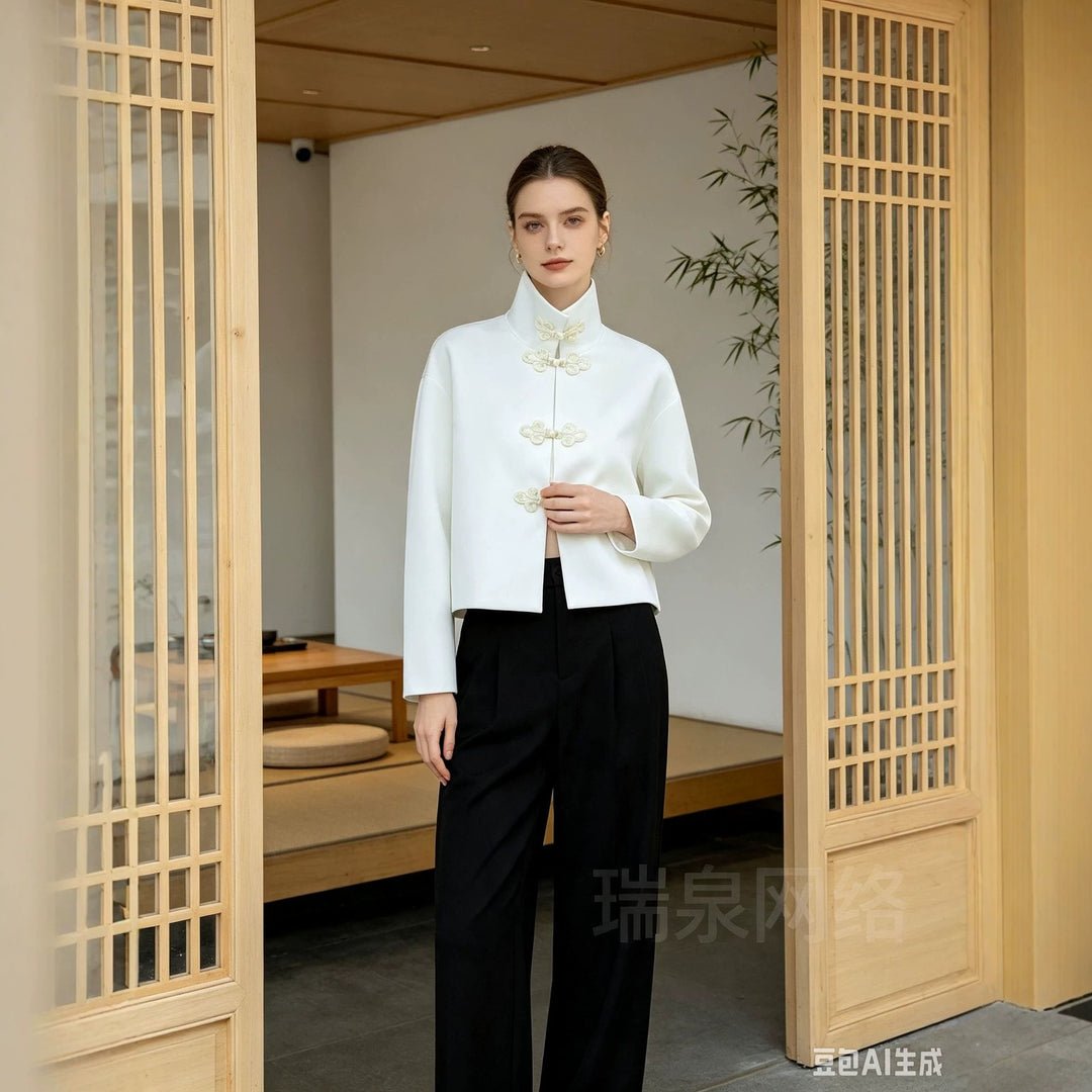 Damen Cropped-Jacke im Mandarin-Stil mit dekorativen Froschverschlüssen und kastigem Schnitt Nord Taschen