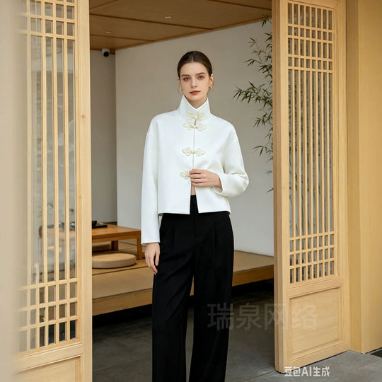 Damen Cropped-Jacke im Mandarin-Stil mit dekorativen Froschverschlüssen und kastigem Schnitt Nord Taschen