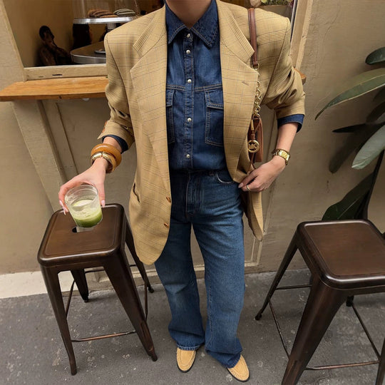 Damen Oversize Glencheck-Blazer im kastigen Boxy‑Schnitt mit markanter Schulterpartie Nord Taschen