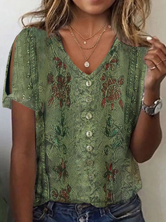 Damen V-Ausschnitt Bluse mit floralen Details und Knopfverschluss