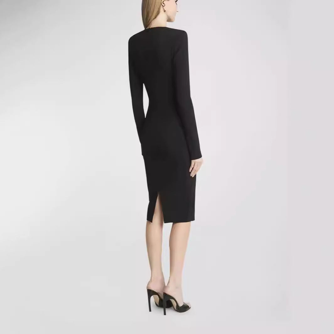 Damen Figurbetontes Midikleid mit Rundhalsausschnitt und langen Ärmeln Nord Taschen