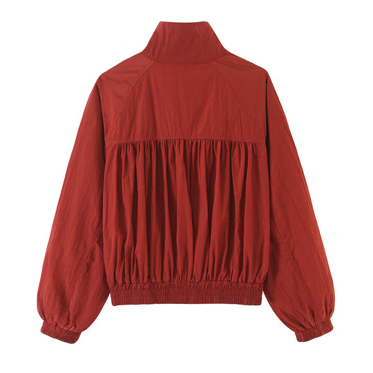 Damen Leichte Cropped Windjacke mit Stehkragen und elastischem Saum Nord Taschen