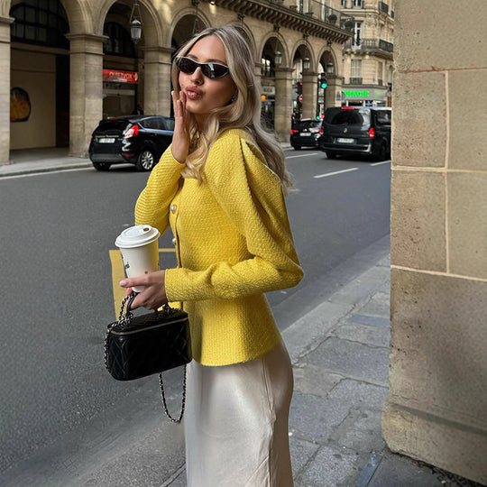 Damen Taillierter Bouclé-Peplum-Blazer mit Zierknöpfen Nord Taschen