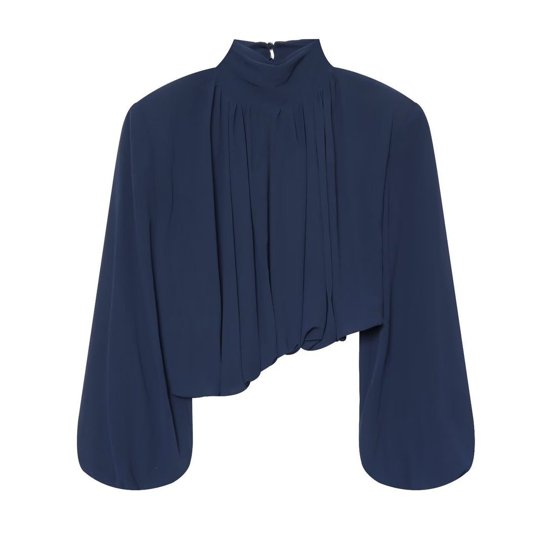 Damen Plissierte Bluse mit Stehkragen und Ballonärmeln Nord Taschen