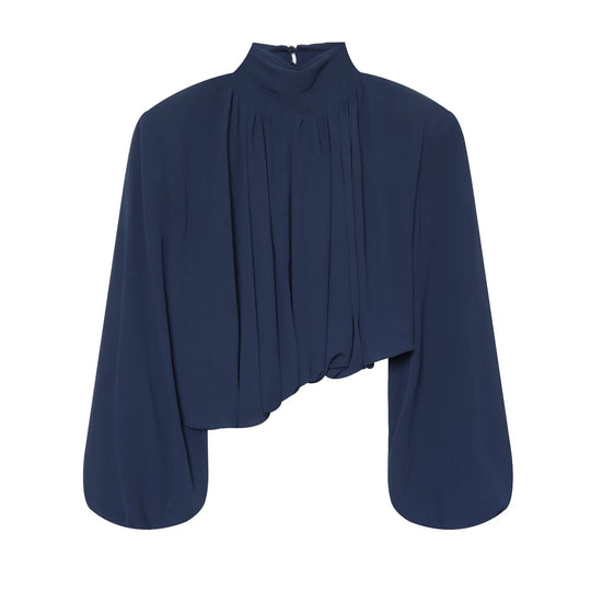 Damen Plissierte Bluse mit Stehkragen und Ballonärmeln Nord Taschen