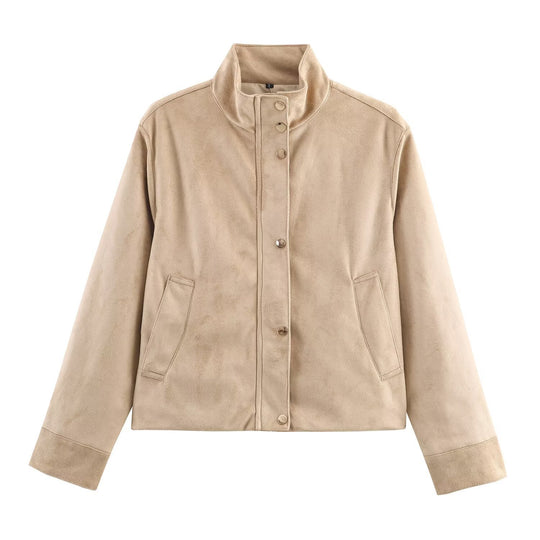 Damen Kurze Wildlederoptik-Jacke mit Stehkragen und Druckknopfleiste Nord Taschen