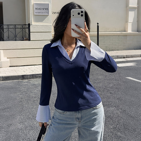 Damen Elegantes Langarmoberteil mit V-Ausschnitt und Kontrastkragen Nord Taschen