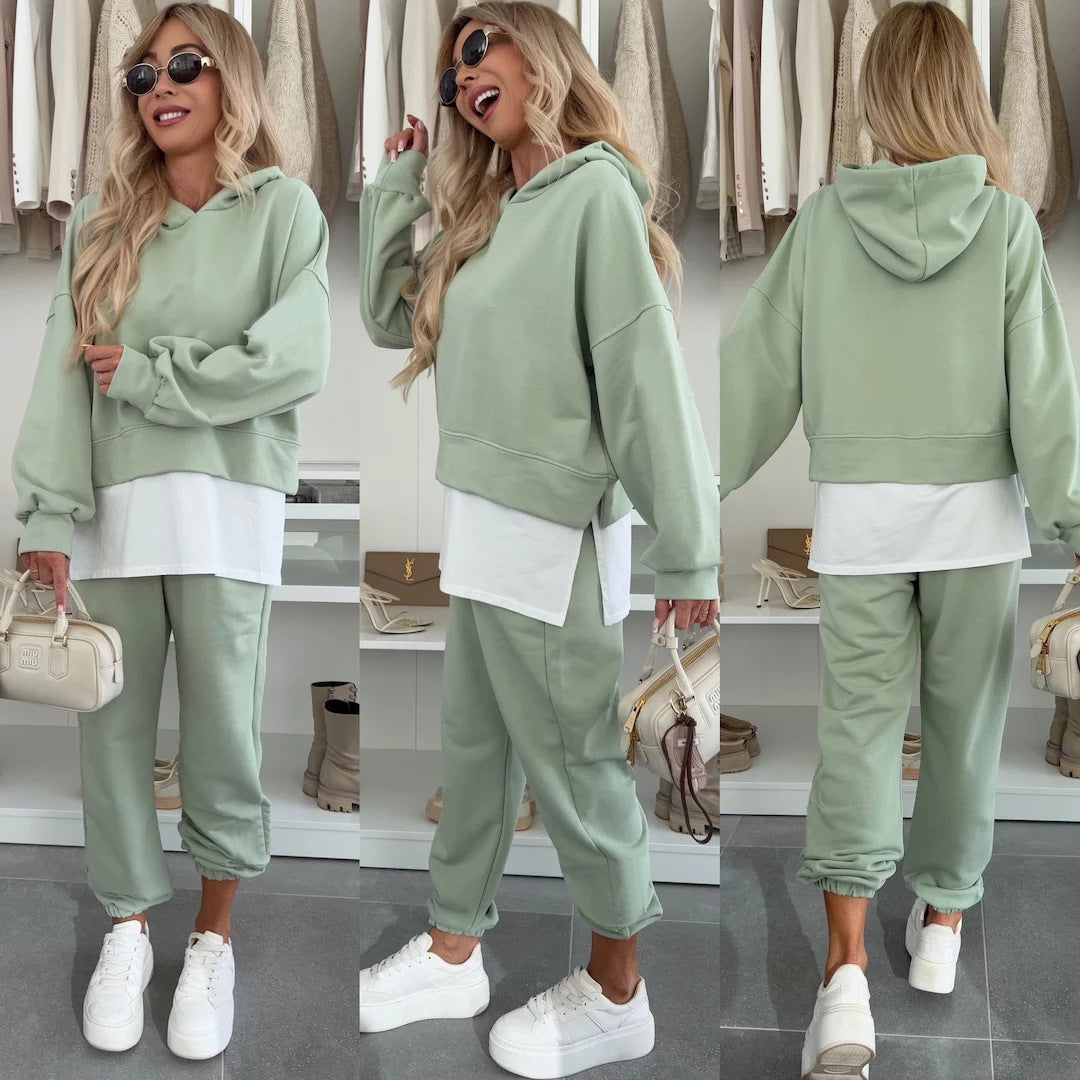 Damen Cropped-Hoodie-Lounge-Set mit asymmetrischem Saum, voluminösen Raglanärmeln und gekrempelter Jogginghose Nord Taschen