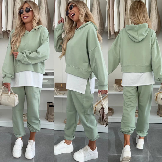 Damen Cropped-Hoodie-Lounge-Set mit asymmetrischem Saum, voluminösen Raglanärmeln und gekrempelter Jogginghose Nord Taschen