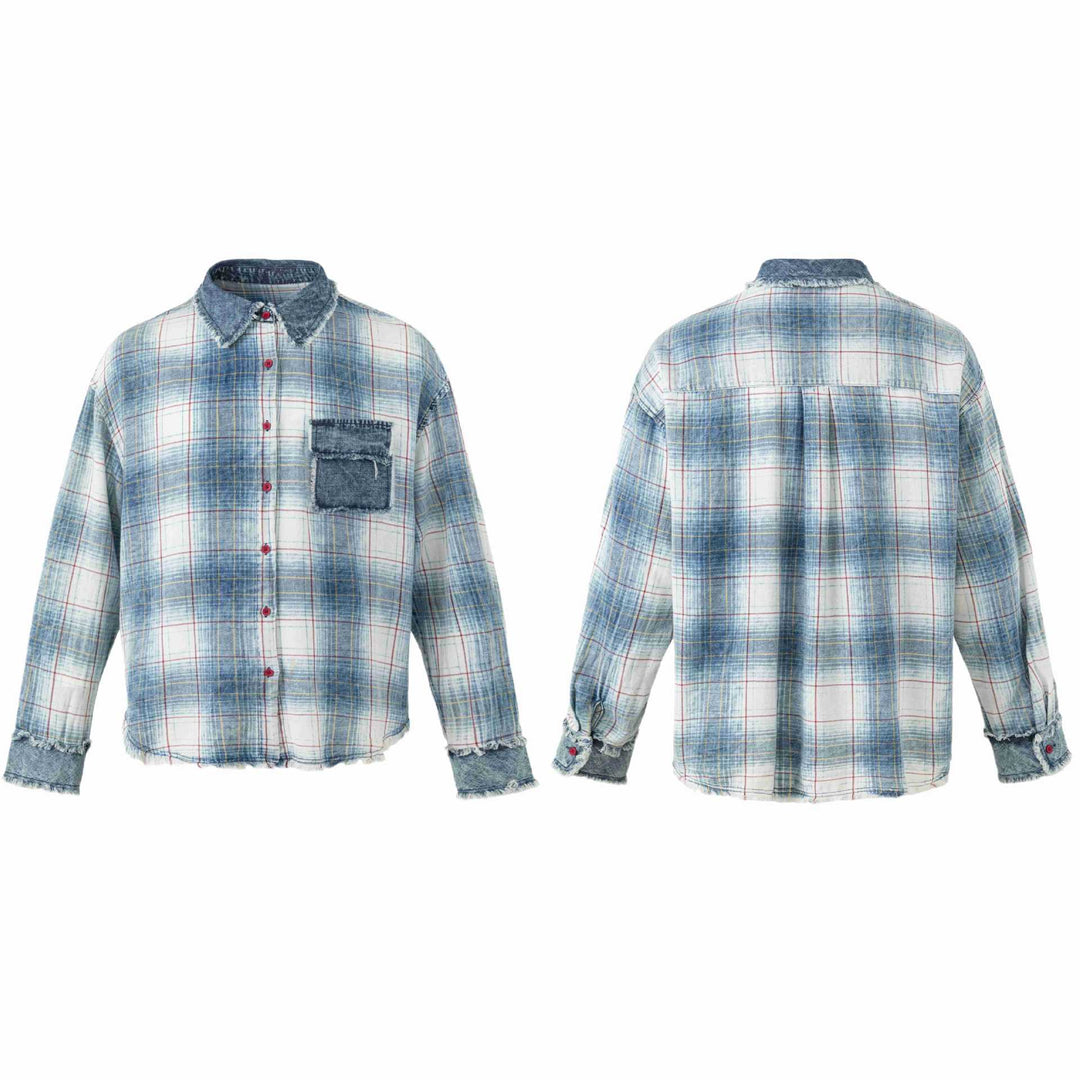 Damen Oversize kariertes Hemdjacke mit Denim-Applikationen und ausgefransten Kanten Nord Taschen
