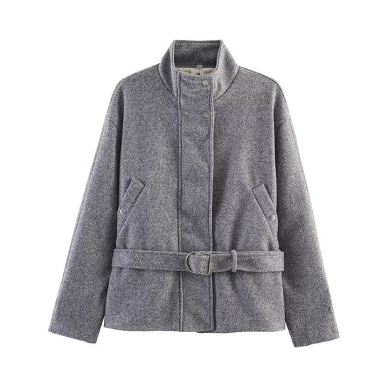 Damen Gekürzte Wollmix-Jacke mit Stehkragen, Taillengürtel und Druckknopfverschluss Nord Taschen