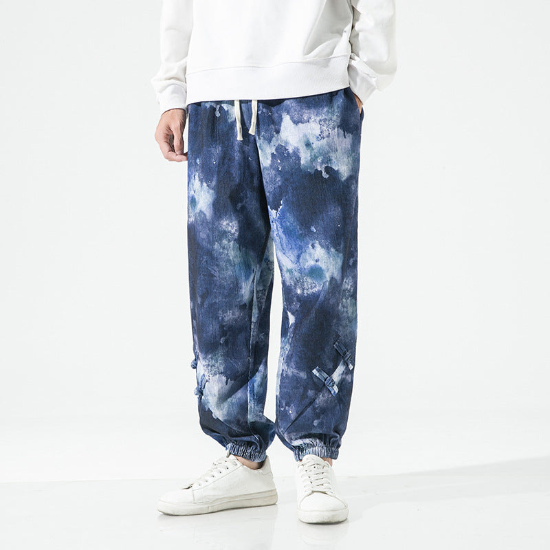 Herren Tie-Dye Baggy Jogginghose mit Tunnelzug, Gummibündchen und dekorativen Riemen Nord Taschen