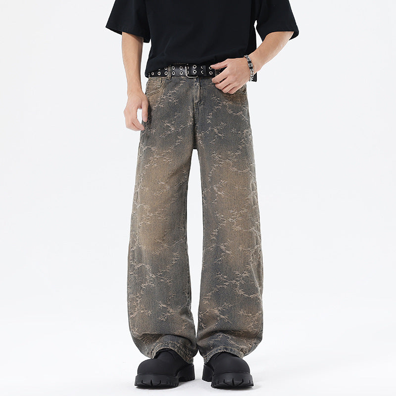 Herren Weit geschnittene Vintage-Denim-Hose im Baggy‑Look mit Marmorwaschung und tiefem Schritt Nord Taschen
