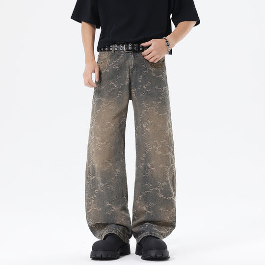 Herren Weit geschnittene Vintage-Denim-Hose im Baggy‑Look mit Marmorwaschung und tiefem Schritt Nord Taschen