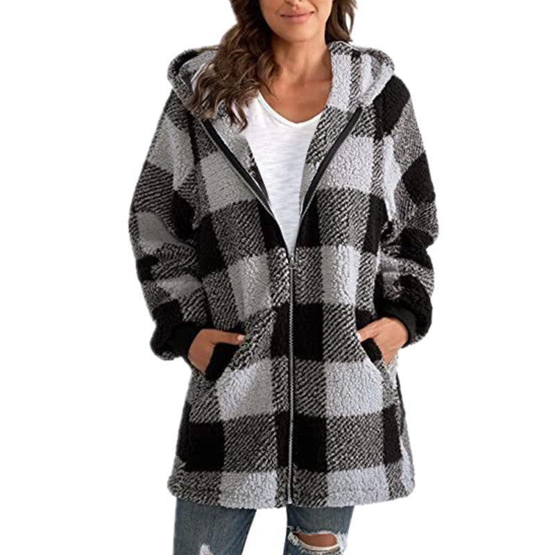 Damen Kariertes Teddy-Fleece-Mantel mit Kapuze und Reißverschluss Nord Taschen
