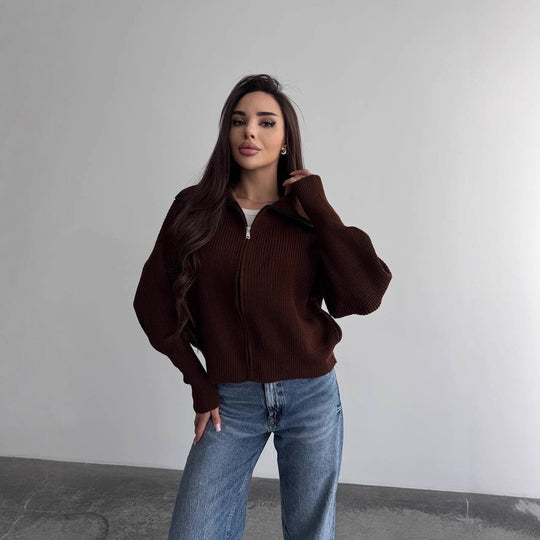 Damen Grobstrick-Zipper-Cardigan mit Ballonärmeln und Stehkragen Nord Taschen