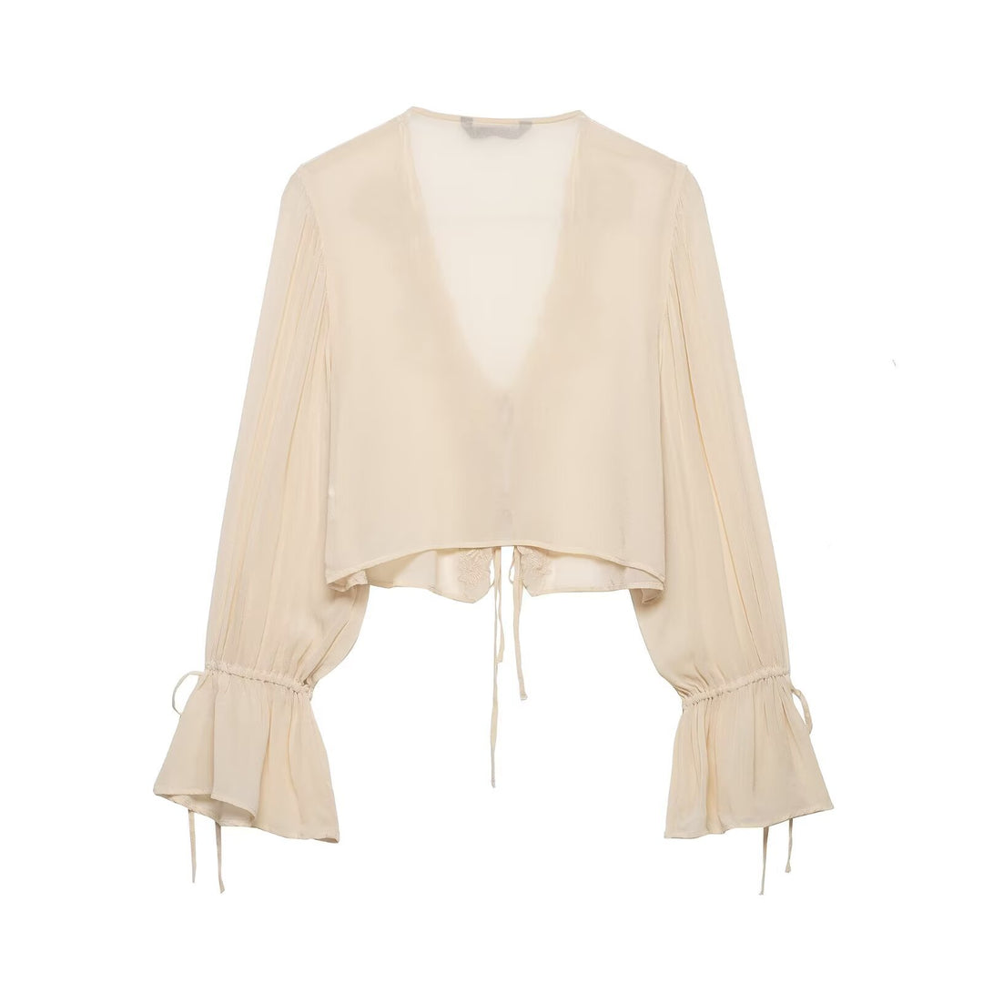 Damen Transparente Chiffon-Bolerobluse mit tiefem V-Ausschnitt, Spitzendetail und Bindebändern Nord Taschen