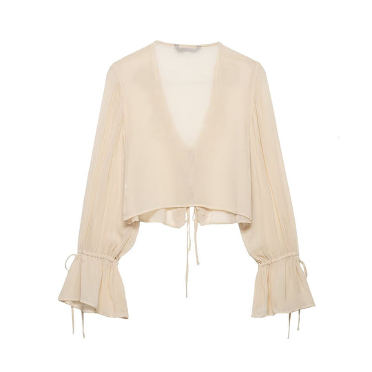 Damen Transparente Chiffon-Bolerobluse mit tiefem V-Ausschnitt, Spitzendetail und Bindebändern Nord Taschen