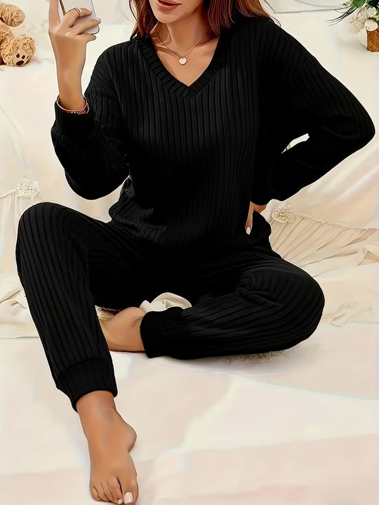 Damen Komfortables Rippstrick-Loungewear-Set mit V-Ausschnitt und Joggerhose Nord Taschen