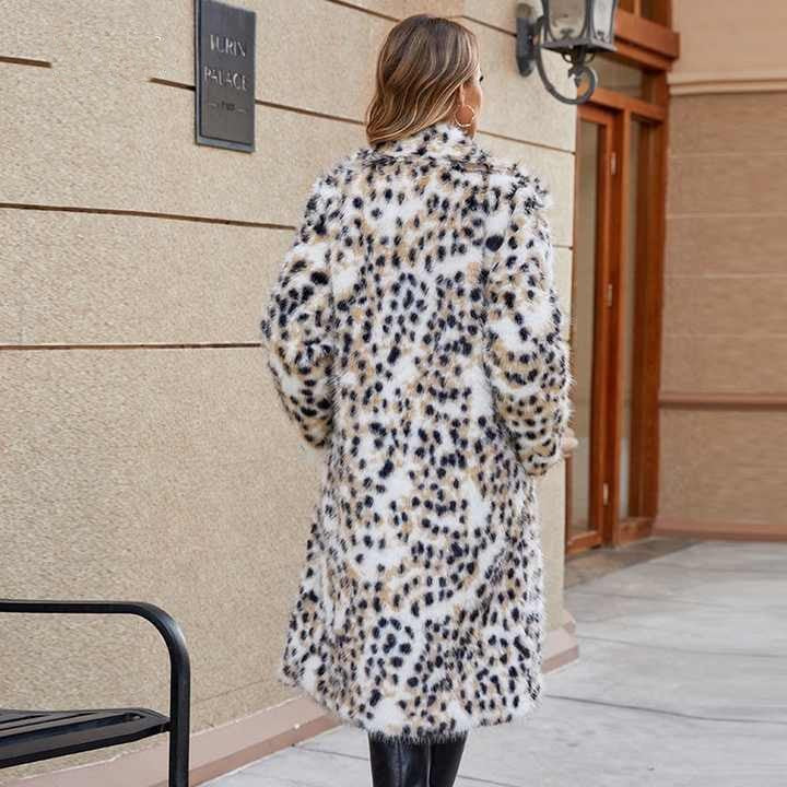 Damen Midi-Kunstpelzmantel mit Leopardenprint, tailliertem Bindegürtel und Schalkragen Nord Taschen
