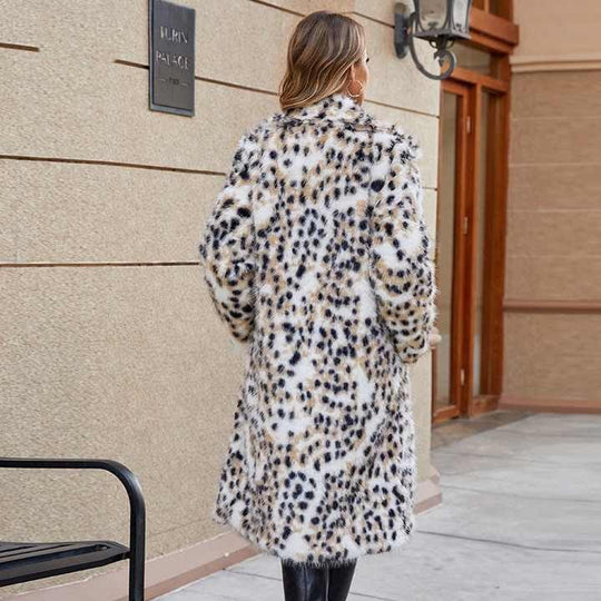 Damen Midi-Kunstpelzmantel mit Leopardenprint, tailliertem Bindegürtel und Schalkragen Nord Taschen