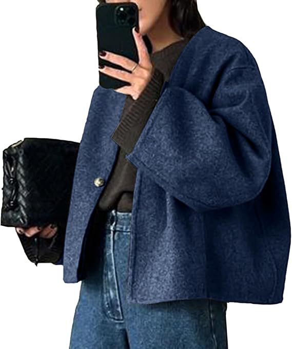 Damen Kurz geschnittene Oversize Wolljacke mit kastigem Schnitt und Ein-Knopf-Verschluss Nord Taschen