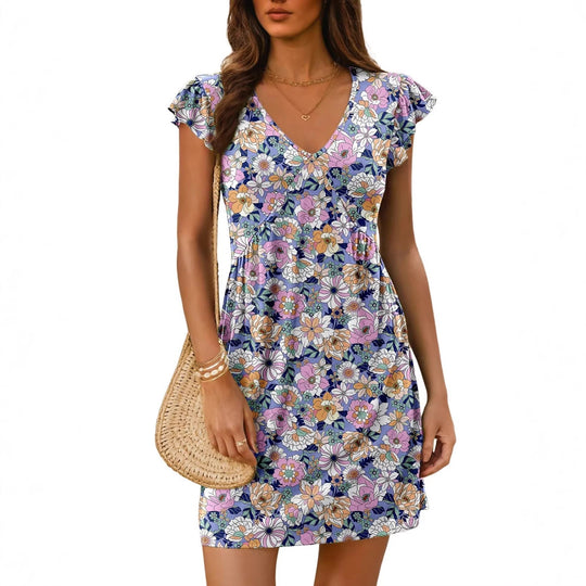 Damen luftiges sommerliches Kleid mit floralem Muster und V-Ausschnitt