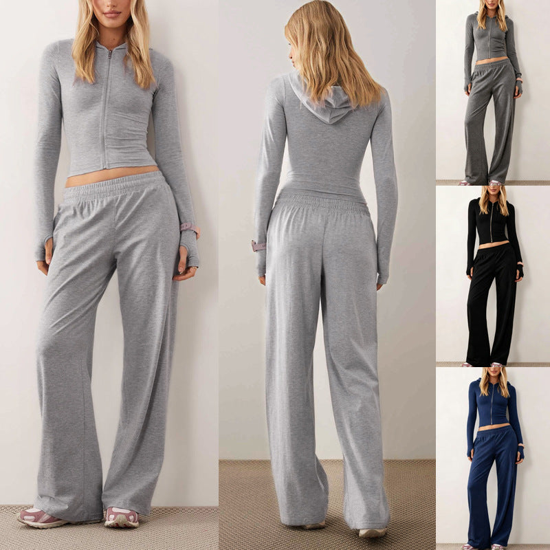Damen Zweiteiliges Loungewear-Set geripptes Crop-Kapuzenoberteil mit Reißverschluss und Daumenloch sowie weiter Jogginghose Nord Taschen