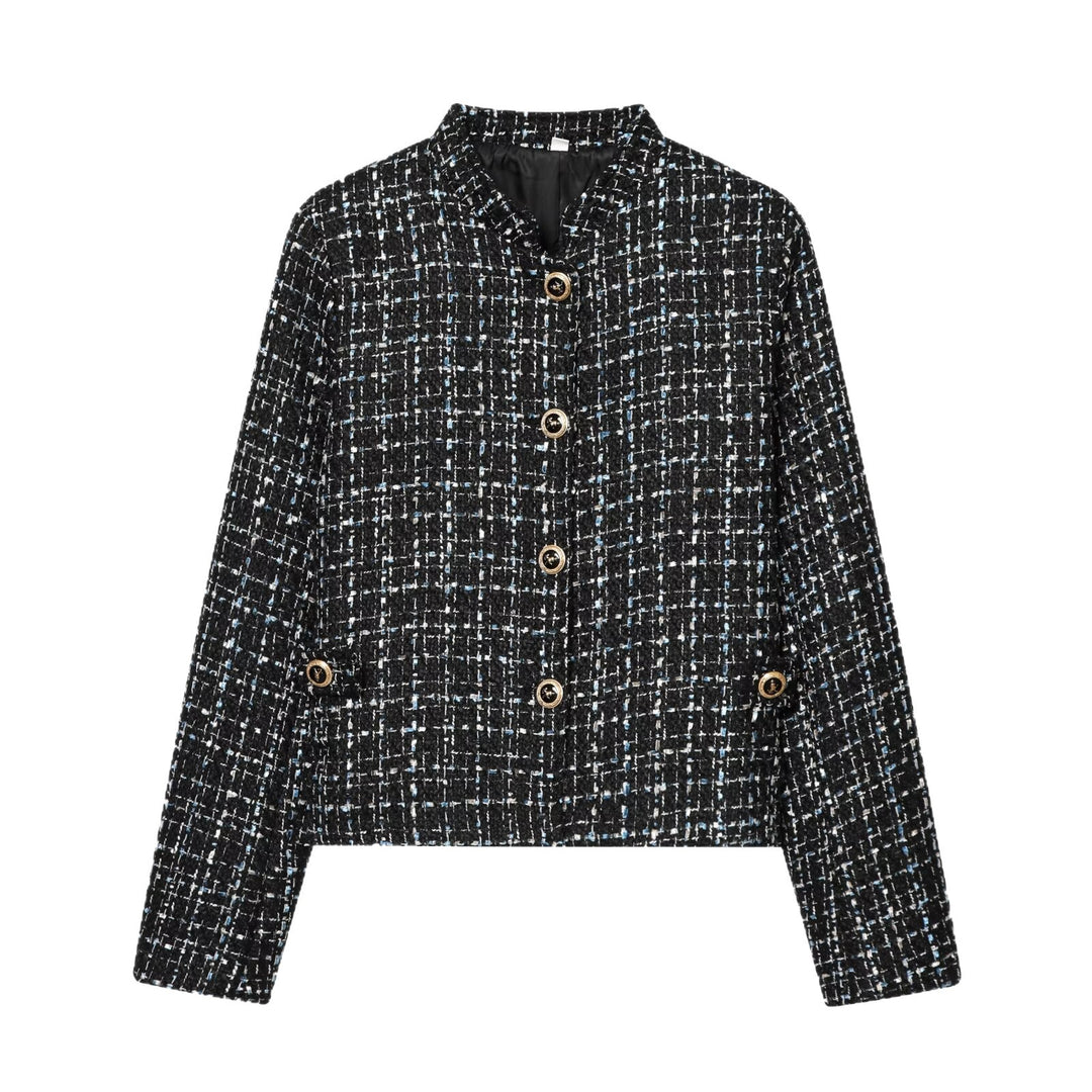 Damen Bouclé‑Tweed‑Cropped‑Jacke mit Stehkragen und goldfarbenen Schmuckknöpfen Nord Taschen