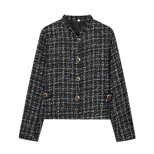 Damen Bouclé‑Tweed‑Cropped‑Jacke mit Stehkragen und goldfarbenen Schmuckknöpfen Nord Taschen