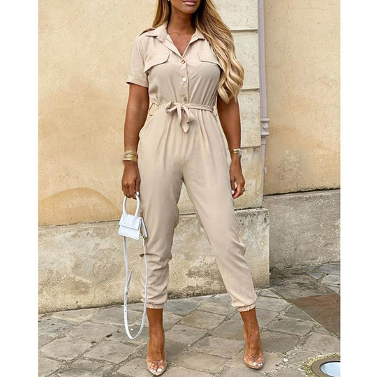Damen Kurzarm-Utility-Overall mit Taillenbindegürtel und schmalem Joggerbein Nord Taschen