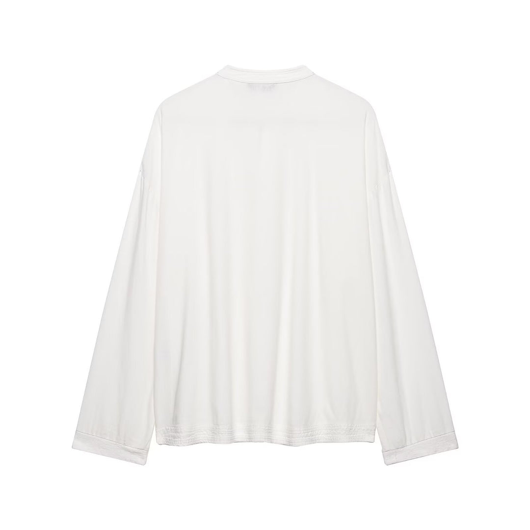 Damen Oversize Tunika‑Bluse im asiatisch inspirierten Stil mit Stehkragen und Zierknotenverschlüssen Nord Taschen